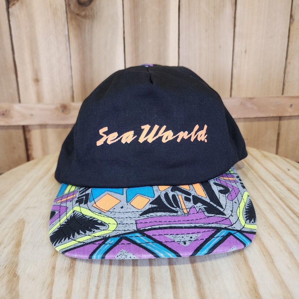Vintage SeaWorld Hat Cap Snap Back Mens One Size Black Neon Geometric Brim 90s
